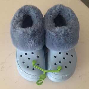 Faux-Fur Lined Slippers Clogs - Light Blue